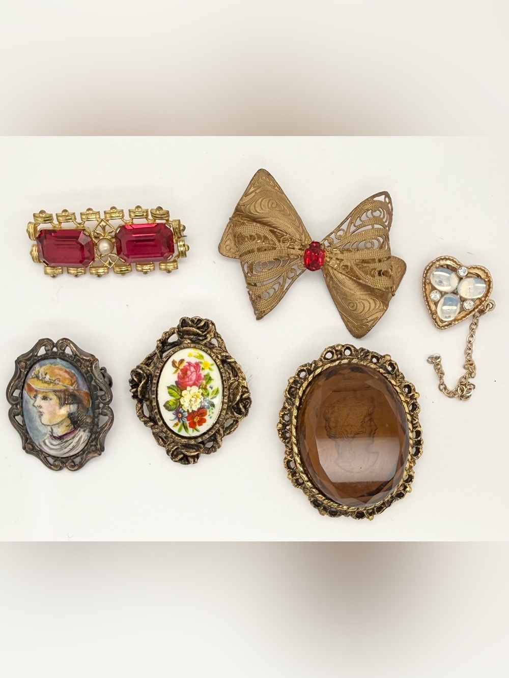 Vintage Estate Czech Glass Cameo Brooch Pin Ruby Red Carved Amber Opalescent Lot
